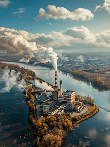 物环境摄影照片_宽阔河流岸边的木工工厂烟管空中全景图