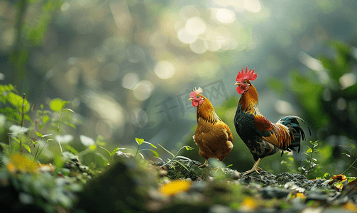 鸡蛋供应商摄影照片_鸡在花园里昂首阔步、啄食