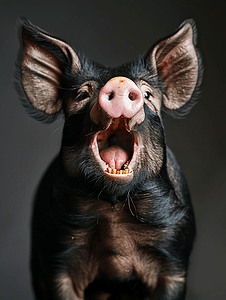黑色的猪摄影照片_可爱的黑猪嘴巴张开露出牙齿