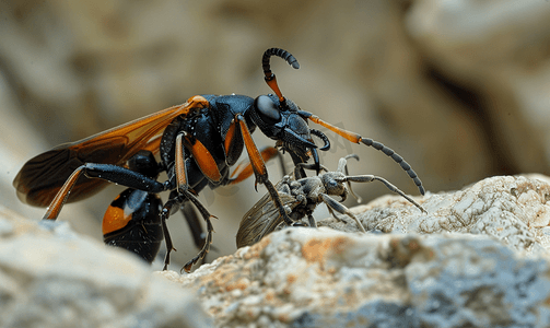 成年地甲虫正在吃一只死去的成年狼蛛鹰黄蜂