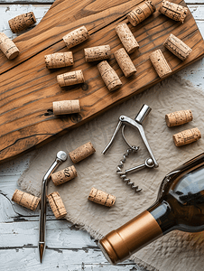 木制背景顶视图上的葡萄酒软木塞和开瓶器
