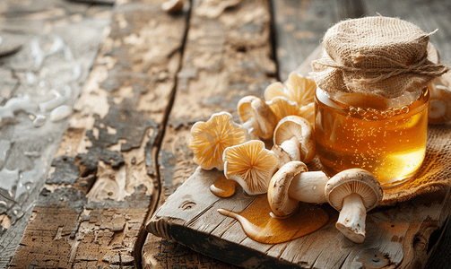 木耳摄影照片_木桌上的生蘑菇木耳蜂蜜复制空间