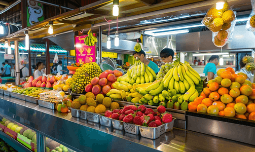 超市水果柜台摄影照片_泰国普吉岛食品市场柜台景观与异国情调的水果