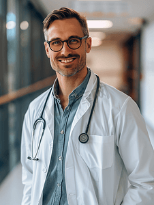 男医生图片摄影照片_医疗保健 职业医学微笑的男医生穿着白色外套眼镜医院