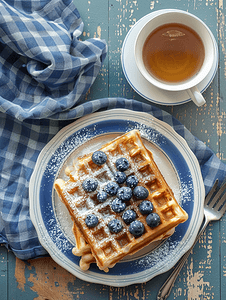 健康早餐比利时华夫饼配蓝莓糖粉和木桌上的茶