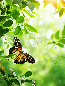 金色植物叶子摄影照片_叶子上的热带帝王蝶