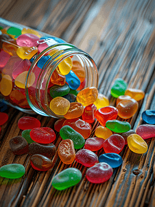 不同颜色的果冻甜糖散落在玻璃罐的木质背景上