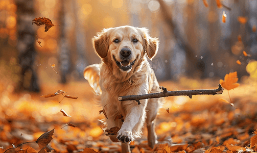 秋天树林里的狗狗在玩树枝