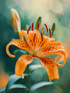 虎耳草属植物手绘摄影照片_夏季美丽鲜艳的橙色虎百合花特写
