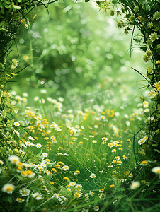 浅绿色背景上绿草与黄色和白色的小花呈椭圆形