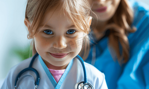 医生给住院的小女孩使用听诊器