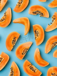 季度明显摄影照片_蓝色背景中的橙色木瓜片
