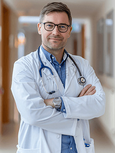 医生护理摄影照片_医疗保健 职业医学微笑的男医生穿着白色外套眼镜医院