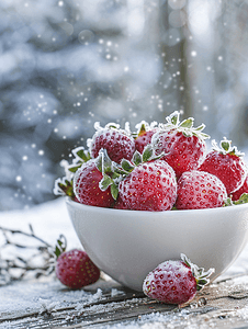 天然凉爽摄影照片_木桌白碗里的冷冻草莓上面覆盖着白霜