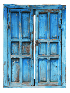 白色背景上孤立的旧复古蓝色木窗