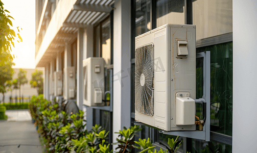 空调背景摄影照片_空调压缩机室外机安装在建筑物外