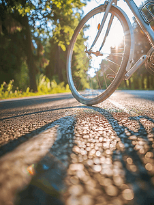 自行车复古摄影照片_阳光明媚的夏日自行车车轮沿着柏油路行驶投下阴影