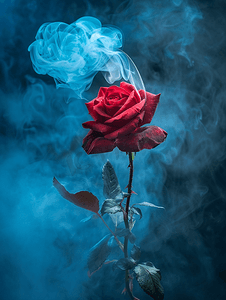 蓝色背景中美丽的红玫瑰周围有蓝色烟雾