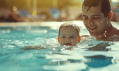 儿童早教手机海报摄影照片_教练在游泳池里教孩子游泳
