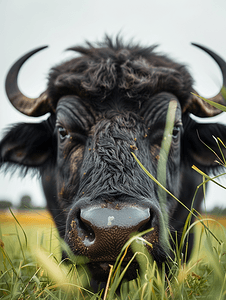 农村地区黑水牛伸手吃草的低角