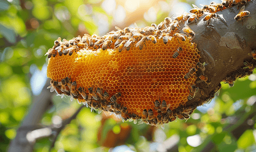 树枝上的大型野生蜜蜂蜂巢