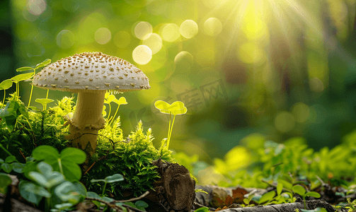 森林中树根处有光点的花丝小蘑菇