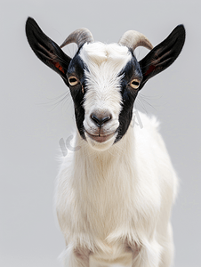冬季卡通动物摄影照片_长着可爱脸蛋的白色棕褐色和黑色比利山羊