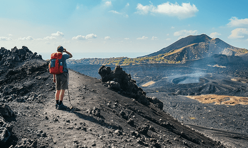 使用场景摄影照片_游客在火山口斜坡上拍摄路径照片