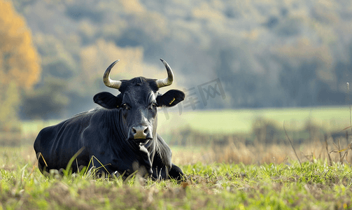红色小五角星摄影照片_有角的黑牛在田里休息