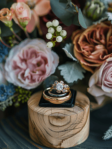 木质底座上的结婚戒指带有黑色戒指盒背景和人造花