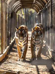 动物园背景摄影照片_两只孟加拉虎在墨西哥动物园的庇护所内行走