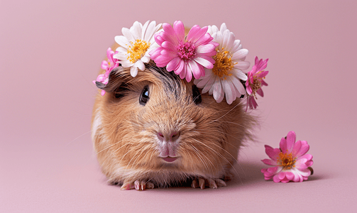 灰色背景中的豚鼠玫瑰花结彩色背景中的可爱啮齿动物豚鼠