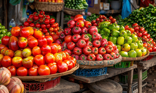 水果摊贩番茄蔬菜水果的背景肖像