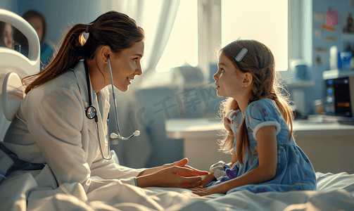 病例单子摄影照片_女医生和小女孩坐在病床上看病例