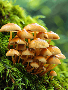一群年轻的蜜环菌蘑菇在绿色的苔藓中