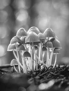 森林地面上一组黑白相间的金银花丝小蘑菇