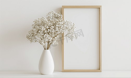 白墙上满天星花白色花瓶的木制垂直框架