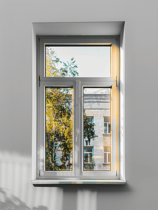 双耳咖啡手柄摄影照片_真正的现代房屋窗框被孤立在白色背景上