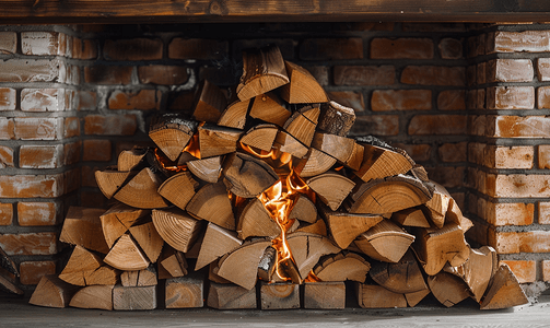 砖壁炉中的一堆木柴和火
