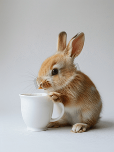 西餐饭桌食物摄影照片_兔子从杯子里吃食物