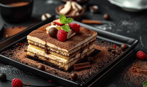 巧克力奶酪摄影照片_深色背景托盘上的甜点提拉米苏蛋糕