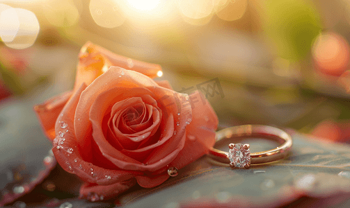 红色花束摄影照片_玫瑰结婚戒指情人节你愿意嫁给我吗