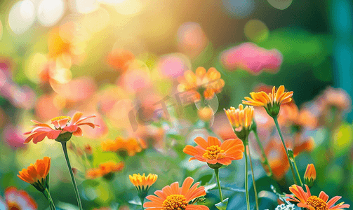 艺术热带花卉园模糊多彩花卉图案阳光花园特写