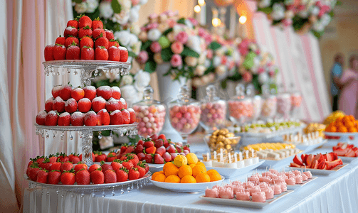 漂亮的婚礼糖果吧配有糖果水果和食物婚宴桌