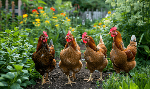 鸡在花园里昂首阔步、啄食