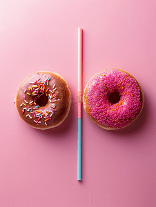 粉红色背景上用吸管隔开的两个甜甜圈创意食品概念