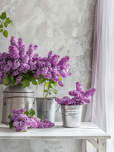清新薰衣草摄影照片_白色木桌上的桶里放着春紫丁香的枝条