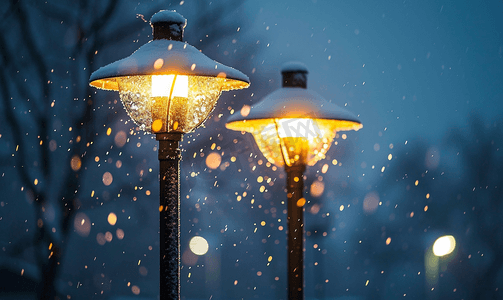 光与雪暴风雪中黑暗中的灯带两盏灯的灯杆