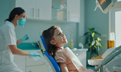 牙科医生给小女孩检查