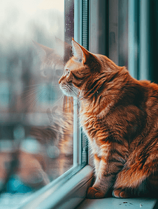 窗户里的红猫窗户上的宠物玻璃后面的动物
